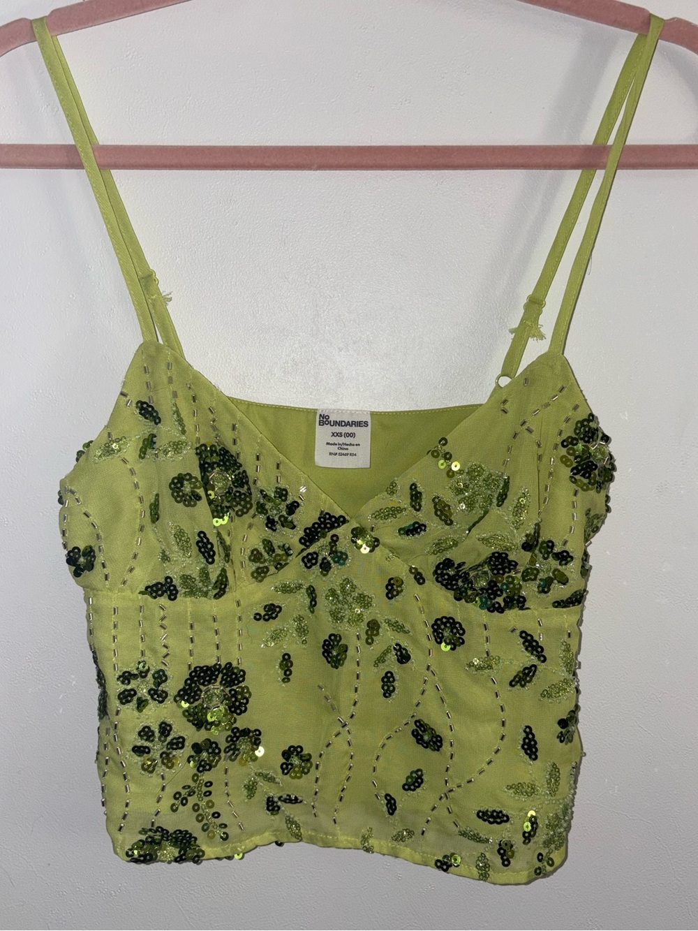 No Boundaries Lime Green Sequin Cami with Floral Embellishment
